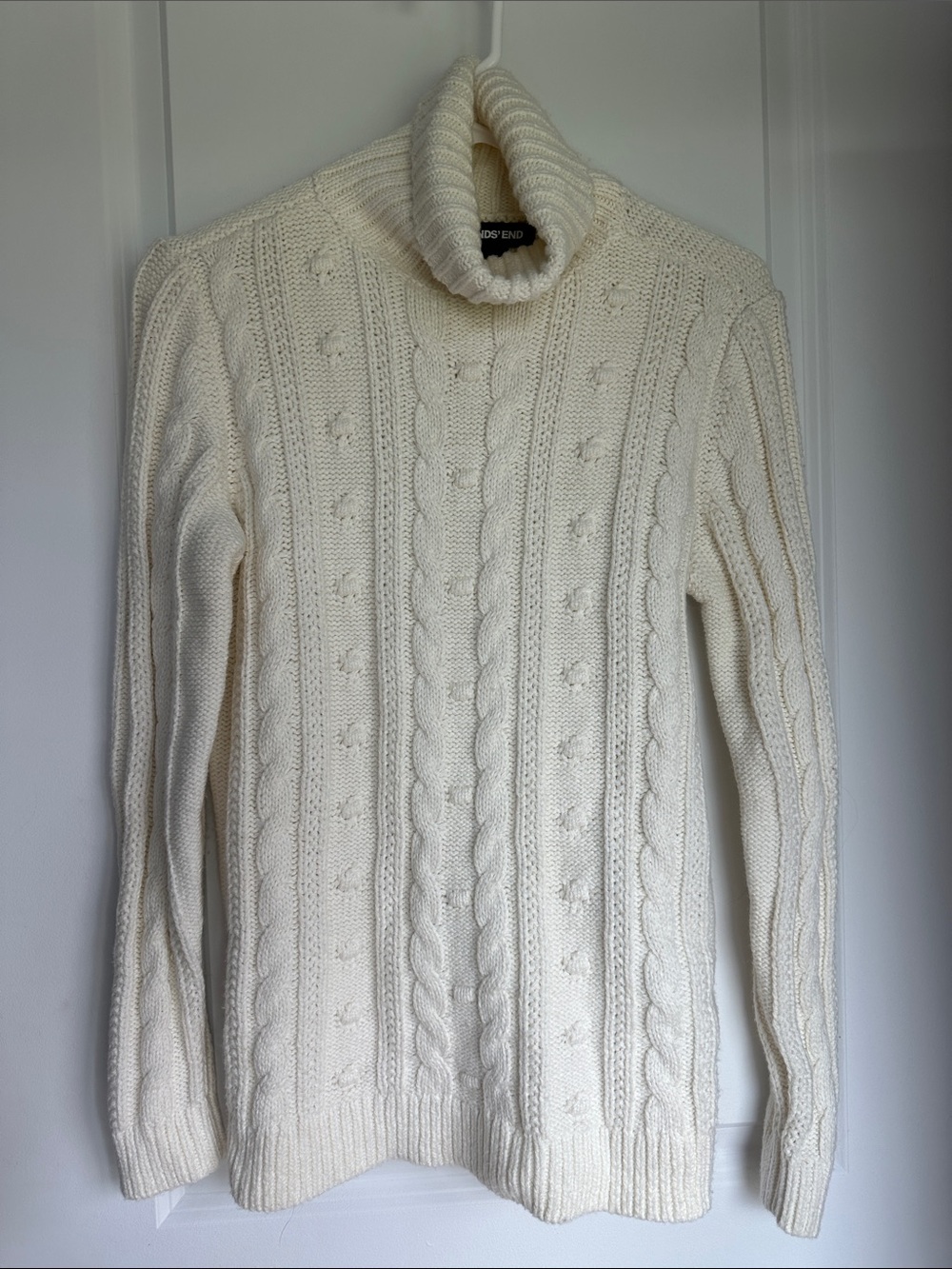 Lands' End Women's XS Cream Cable Knit Turtleneck Sweater Cotton Blend Cozy